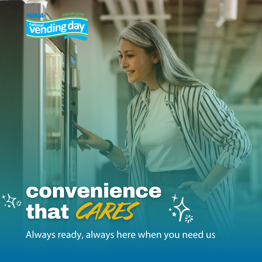 Woman smiling and pointing at items in a vending machine. Text overlay: ‘Convenience That Cares — Always Ready, Always There When You Need Us.