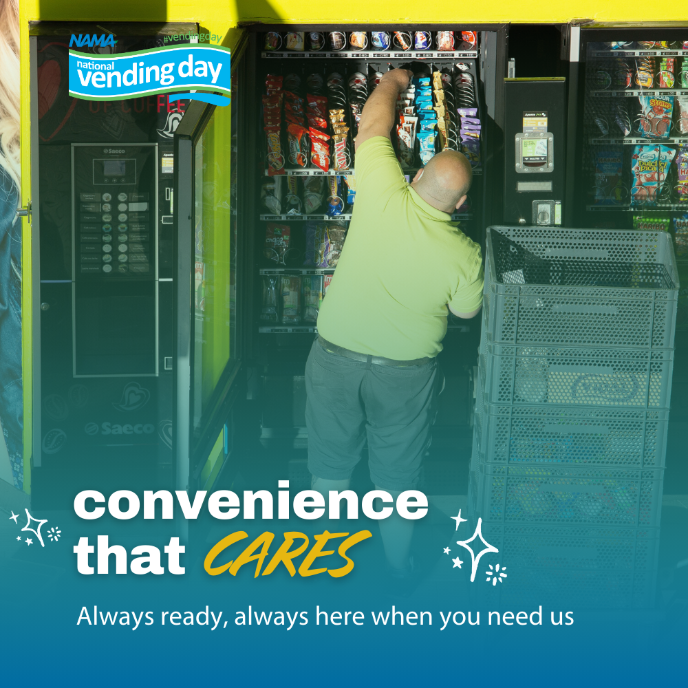 Person stocking a vending machine. Text overlay: ‘Convenience That Cares — Always Ready, Always There When You Need Us.