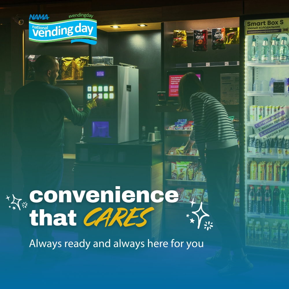 People selecting items from a micro-market. Text overlay: ‘Convenience That Cares — Always Ready and Always Here for You.