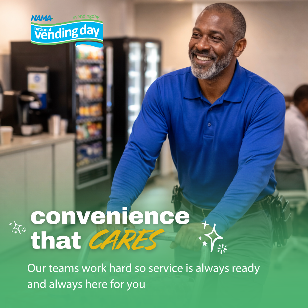 Smiling man pushing a cart with a vending machine; office breakroom setup visible behind him. Text overlay: ‘Convenience That Cares — Our Teams Work Hard So Service Is Always Ready and Always Here for You.’