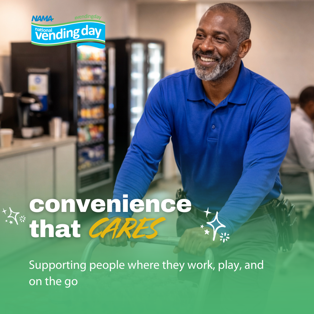 Smiling man pushing a cart with a vending machine; office breakroom setup visible behind him. Text overlay: ‘Convenience That Cares — Supporting People Where They Work, Play, and On the Go.’