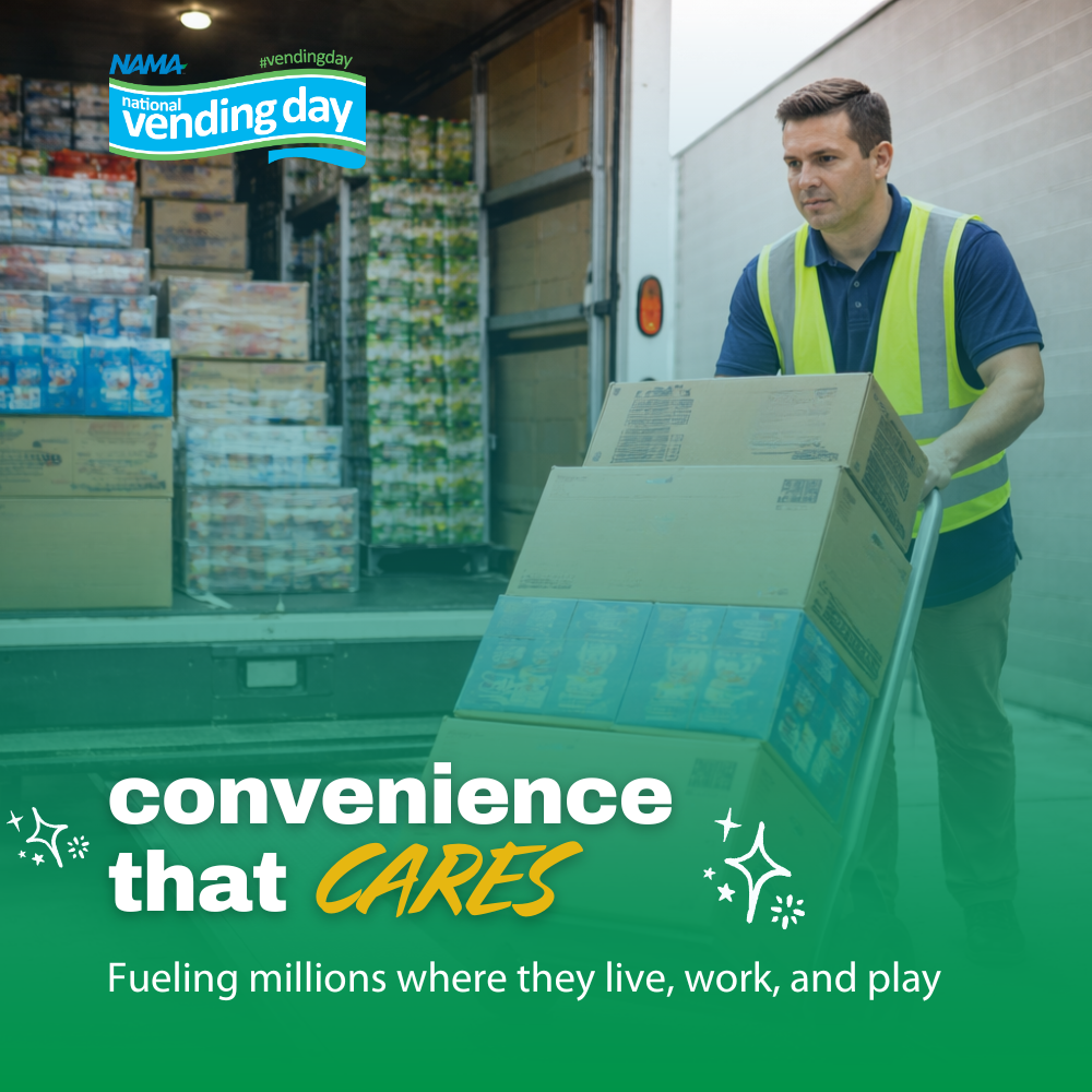 man moving boxes of snacks and refreshments from a truck on a dolley