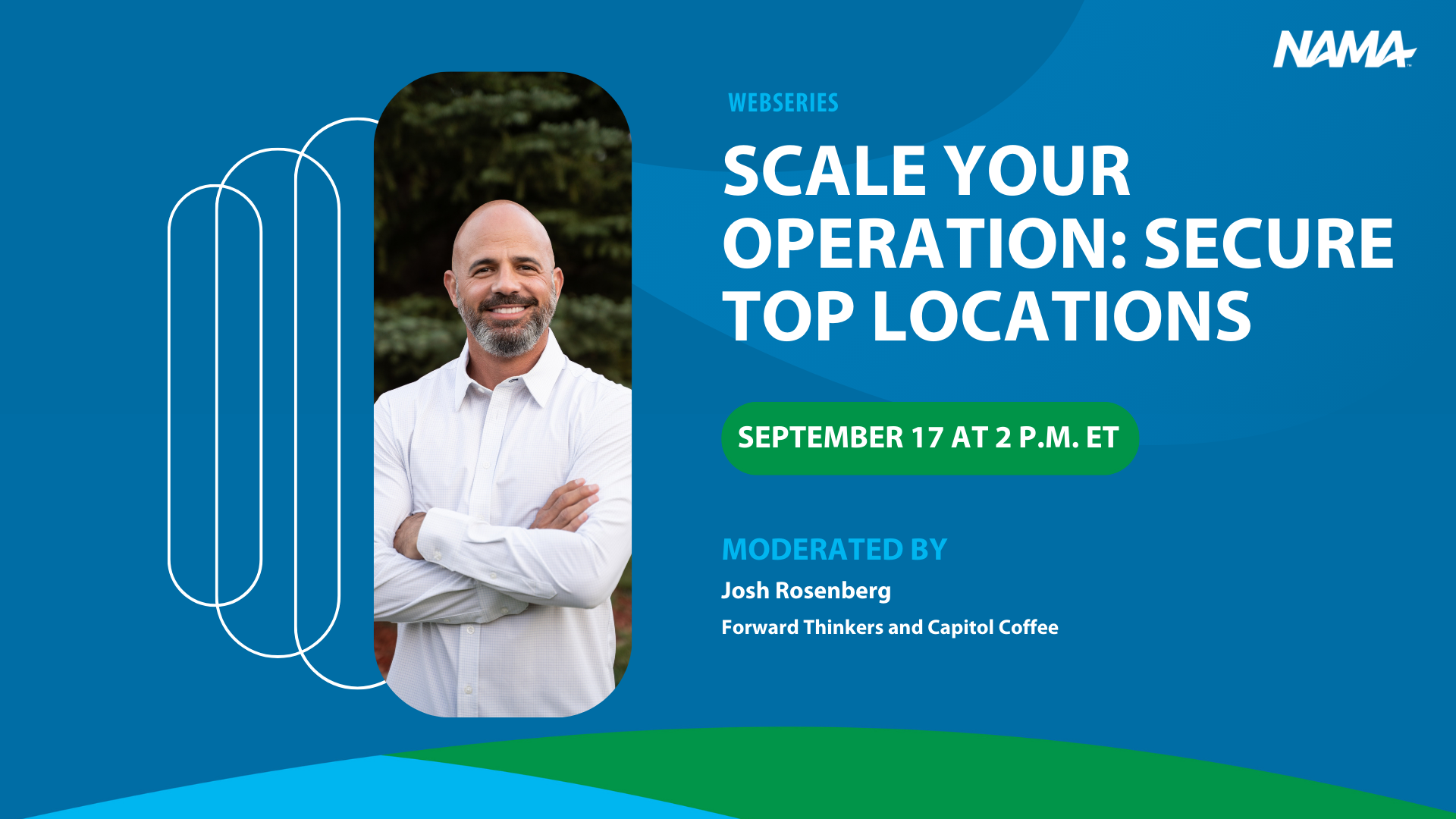 Webcast graphic on scaling for micromarket and vending operators. Title reads "Scale your operation: secure top locations."